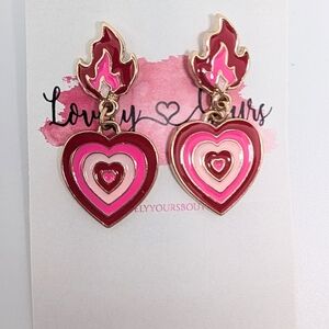 Flame Heart Drop Earrings Pink Red Enamel Gold Tone Statement Valentine Y2K
